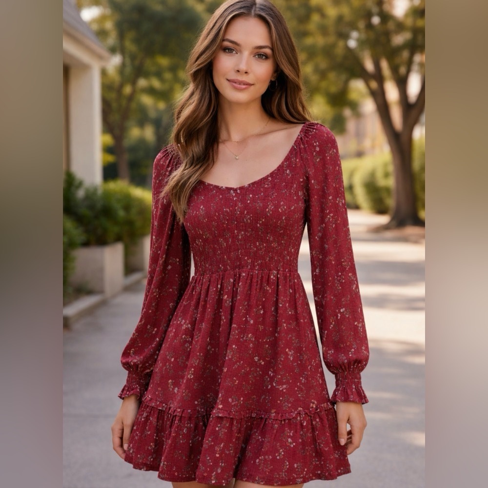 Idyllwind Burgundy Floral Long Sleeve Dress
